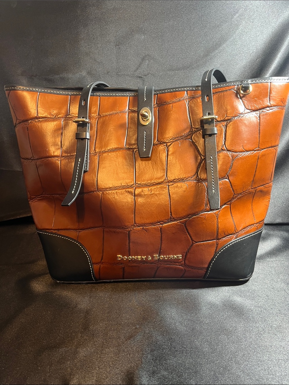 Dooney & Bourke Cognac Croc-Embossed Tote with Black Trim